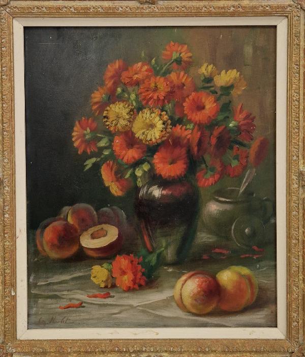 Still life with flowers and peaches - O/B - 38 x 46 cm