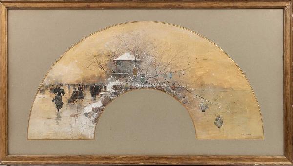 Skates in the Bois de boulogne. Watercolor Tempera - 40x65 cm